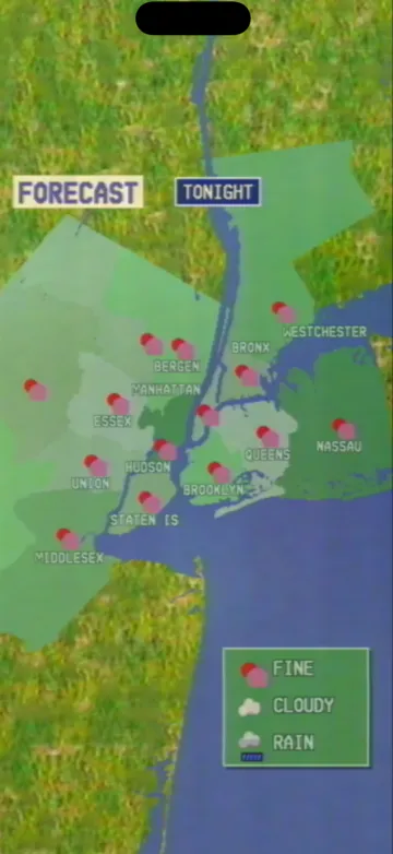 New York’s “Forecast Tonight” card: the boroughs and suburbs with weather marks.