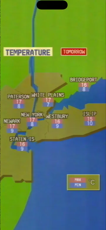 New York’s “Temperature Tomorrow” card: highs over lows on red and blue panels across the map.
